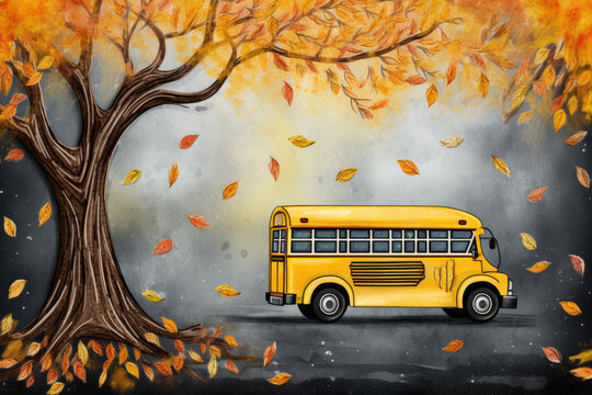 top view banner of yellow school bus, tree, autumn leaves frame, Generative AI