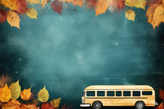 top view banner of school blackboard with yellow bus autumn leaves frame, Generative AI