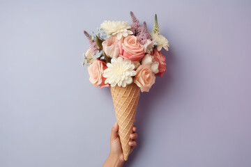 Beautiful spring bouquet of flowers in waffle ice cream cone in hand isolated on flat blue background with copy space. Creative banner concept for florist. Generative AI photo imitation.