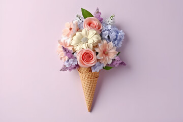 Beautiful spring bouquet of flowers in waffle ice cream cone isolated on flat pink background with copy space. Creative banner concept for florist. Generative AI photo imitation.