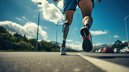 a human runs on the road with a prosthetic leg