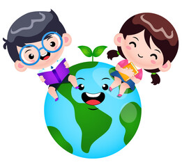 Children  Holding Book With Earth Planet