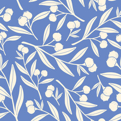 Fruit and flower hand drawn illlustration seamless pattern on blue blackground -Blueberry2