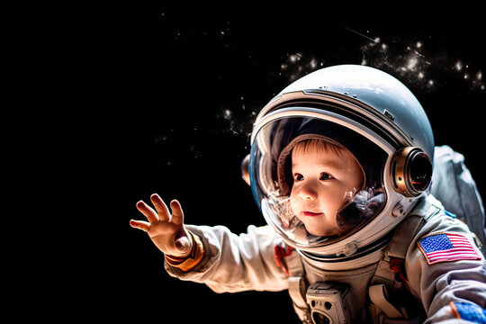 Enthralling image of a curious child in an astronaut helmet, reaching out to touch a distant galaxy through augmented reality - embracing dreams and exploring the universe. Generative AI