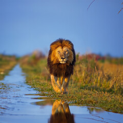 Obraz na płótnie Canvas su kenarında yürüyen aslan