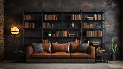 dark brown couch in the room with bookshelves