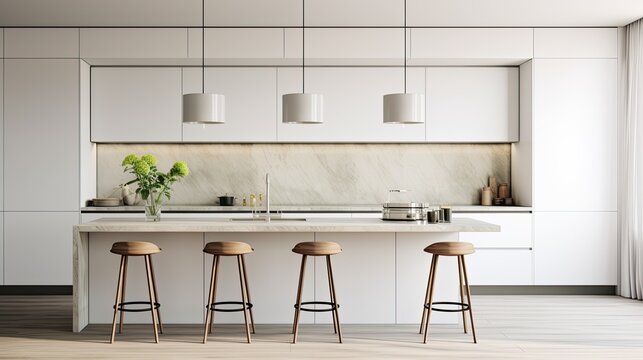 Minimalist kitchen with sleek white cabinets, a marble backsplash, and pendant lighting, generative ai
