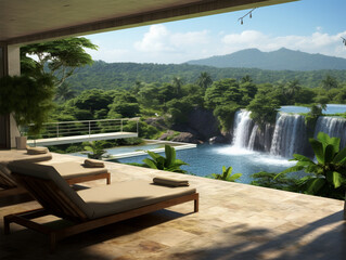 Fototapeta na wymiar 3d rendering living room near from waterfall forest