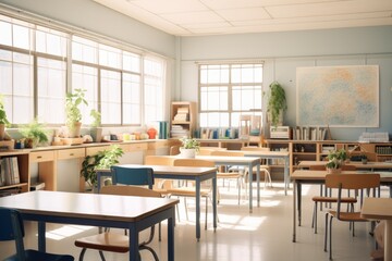 Fototapeta na wymiar a spacious bright light empty classroom or auditorium in contemporary school, Generative AI