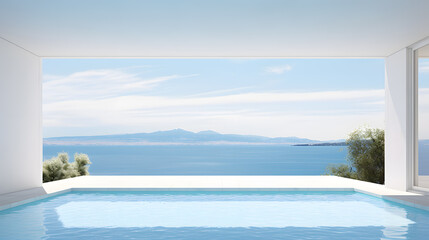 3d rendering of a minimal modern house with swimming pool and sea view