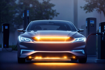 Naklejka premium EV charging station for electric car in concept of green energy 