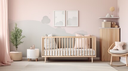 Minimalist nursery with a crib, changing station, and soft pastel color scheme, generative ai