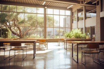 a spacious bright light empty classroom or auditorium, with green trees outside in the background, Generative AI