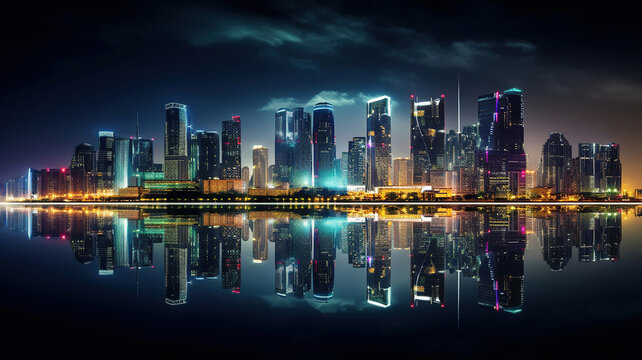 a city at night with large buildings in the reflection