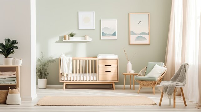 Minimalist nursery with a crib, changing station, and soft pastel color scheme, generative ai