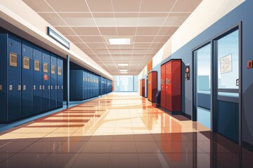 bright colorful school corridor with personal lockers, illustration, Generative AI