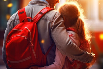 Fototapeta premium father hugs schoolgirl daughter near school, blurred background, Generative AI