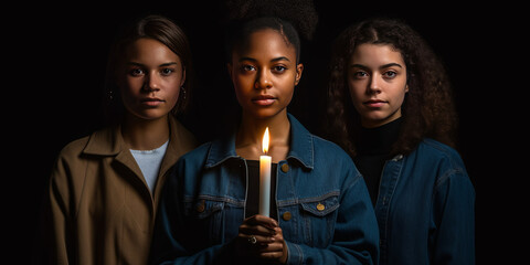 Inspiring trio of young women in studio, one lighting a symbolic candle passing to another, illustrating the powerful continuity of truth, against a dramatic dark backdrop. Generative AI - obrazy, fototapety, plakaty