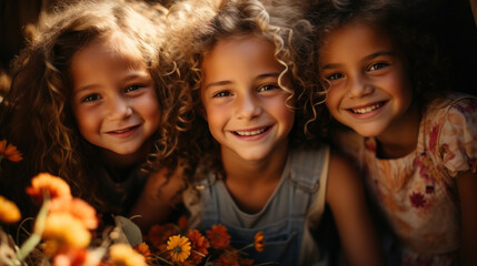 Close-up portrait of a group of three smiling little girls looking at camera. Generative AI.