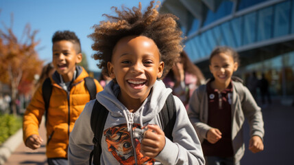 African american schoolboy running with group of kids on background. Generative AI.