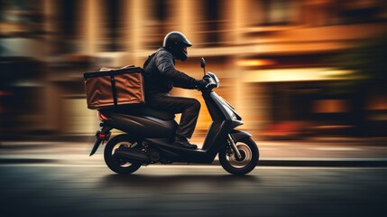 Fototapeta premium Motorcycle of the future for food delivery with copy space. Generative AI