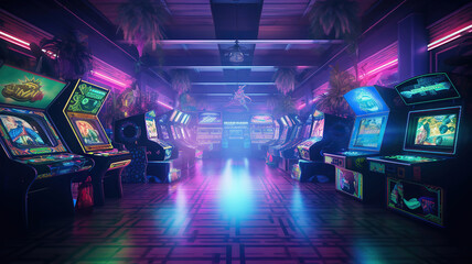 arcade room with retro neon lights - obrazy, fototapety, plakaty