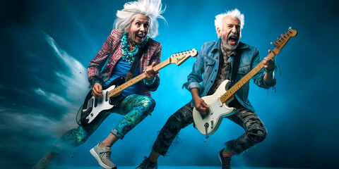 Dynamic octogenarian couple in punk rock attire, energetically performing air guitar duet on electric-blue background. Timeless representation of music and rock spirit. Generative AI