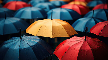 A Striking Composition of Open Umbrellas in a Torrential Rain - obrazy, fototapety, plakaty