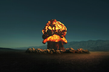 Nuclear explosion in the desert. Nuclear weapon. Weapons of mass destruction. H-bomb