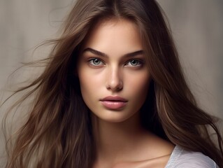Naklejka premium Beautiful woman with brown long curly hair. Portrait of a beautiful girl with long brown hair. Beautiful face of a young woman with long wavy hair and pretty eyes. Studio shot.