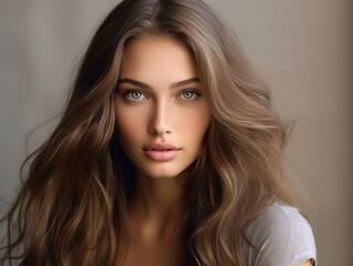 Fototapeta premium Beautiful woman with brown long curly hair. Portrait of a beautiful girl with long brown hair. Beautiful face of a young woman with long wavy hair and pretty eyes. Studio shot.