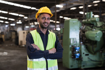 Portrait of male engineer worker working and standing with crossed arms in factory. Mature male worker with safety uniform, helmet work in industry factory