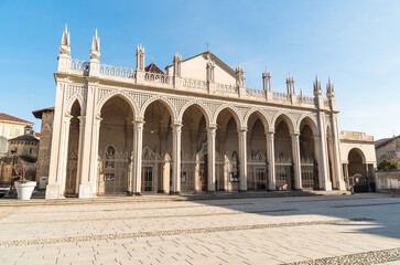 Facade of Santo Stefano Cathedral in Piazza Duomo in the historical center of Biella, Piedmont, Italy