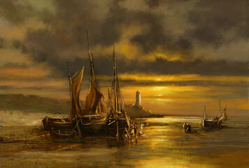 Digital oil paintings sea landscape, old fishing boats at sunset, artwork, fine art - 623410132