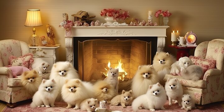 Nestled in a Warm Living Room, Surrounded by Plush Toys - Radiating Warmth and Cuteness - Capturing the Irresistible Allure of Pomeranian Puppies generative AI Digital Illustration