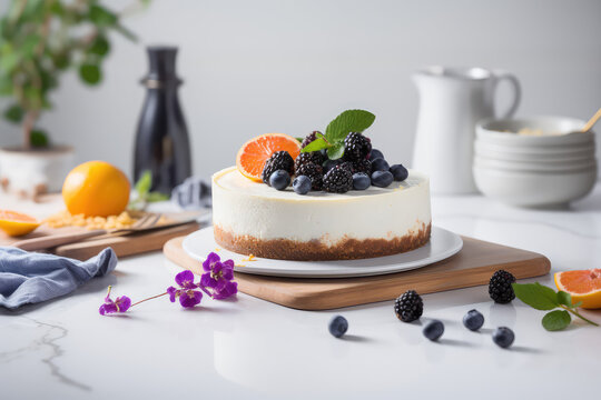 Classic New York cheesecake with fresh blackberry  berries against a bright white kitchen in the sunshine. Cheesecake composition for a restaurant menu. Generative AI professional photo imitation.
