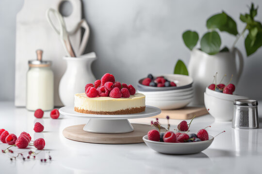 Classic simple New York cheesecake with fresh berries against a bright white kitchen in the sunshine. Cheesecake composition for a restaurant menu. Generative AI professional photo imitation.
