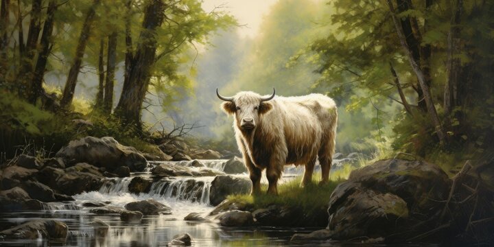 A Fluffy Bovine Standing Regally by a Babbling Brook, Framed by a Serene Forest - Emanating a Sense of Calm and Protection . generative AI Digital Illustration