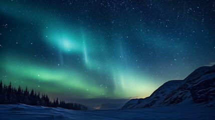 Aurora borealis, northern lights over the mountains in winter.Travel and tourism concept.