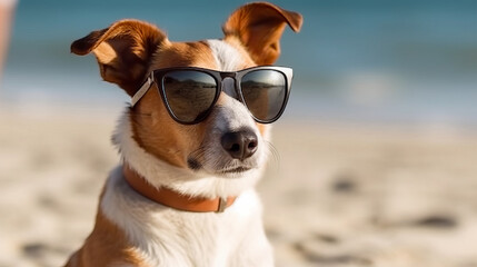 Fototapeta na wymiar Cute dog with sunglasses on the beach relaxing and enjoying. Holiday concept with the dog. Generative AI