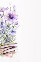 Watercolor illustration with books and wildflowers in gentle tones, copy space, background, for cards, invitations