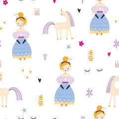 Childish seamless pattern with princess, unicorn, pony, flowers, crown in scandinavian style. Creative vector childish background for fabric, textile