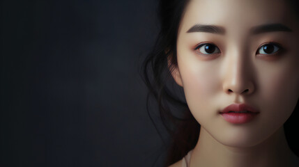 Fototapeta premium Closeup of Korean woman model. Looking at the camera. Black background. Empty copy space on one side. Generative AI.