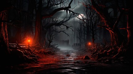 Full moon casting an eerie glow on a spooky forest, Halloween night atmosphere.
