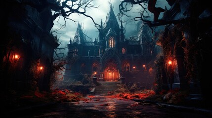 Haunted mansion with broken windows and overgrown vines, Halloween spooky setting.