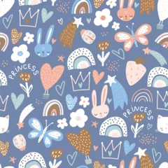 Poster Seamless childish pattern with cute bunny, rainbows, stars, flowers. High detailed kids background. Vector illustration © solodkayamari