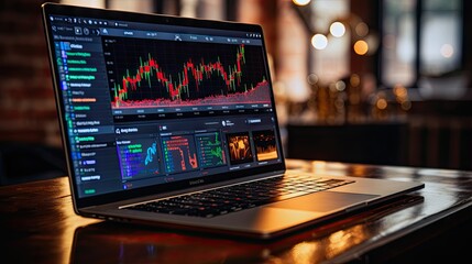Laptop with a screen displaying cryptocurrency trading platform, digital assets and blockchain investment concept.