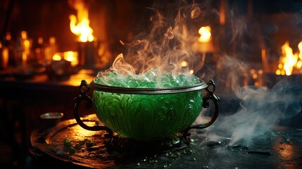 Mysterious witch's cauldron bubbling with green potion and smoke, Halloween magic. - obrazy, fototapety, plakaty