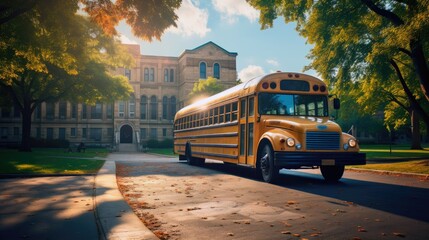 School bus parked in front of a school building, signifying the return to school.