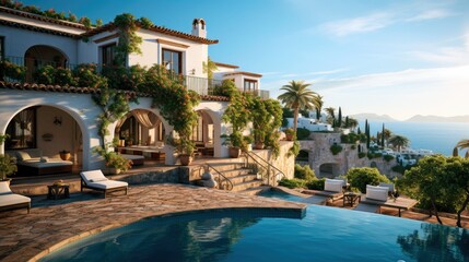 Obraz na płótnie Canvas A traditional Mediterranean white house nestled on a hilltop, overlooking the sparkling sea.